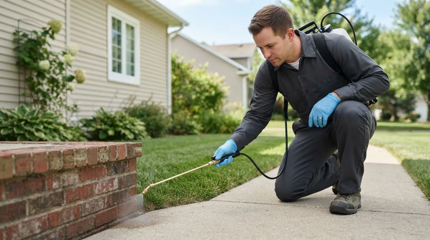 Pest control technician treating a home near Beaver City, NE