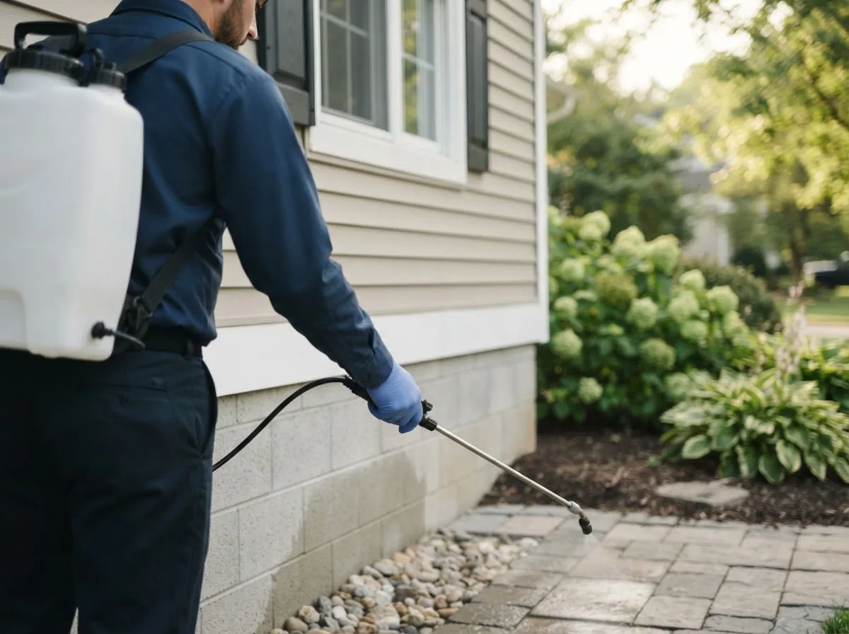 Pest control technician inspecting a home in Beaver City, NE